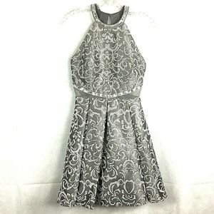 Dear Moon Dress Womens Junior Sz 3 Silver Floral Beaded Sleeveless A-Line Formal